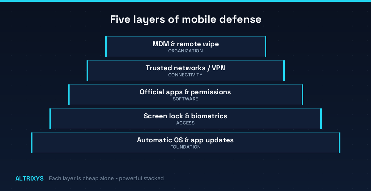 Diagram: five stacked layers of mobile security defense